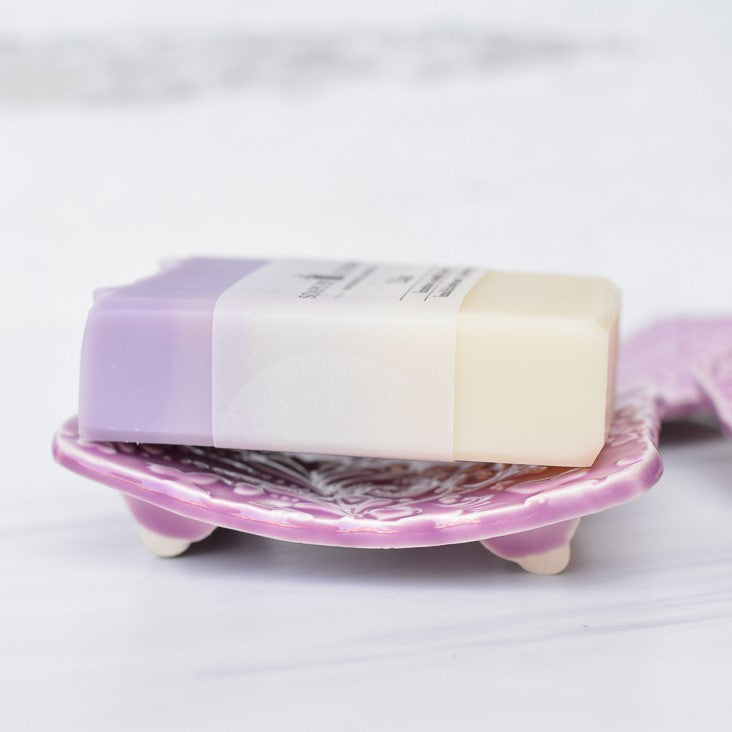 handmade purple ceramic soap dish side view