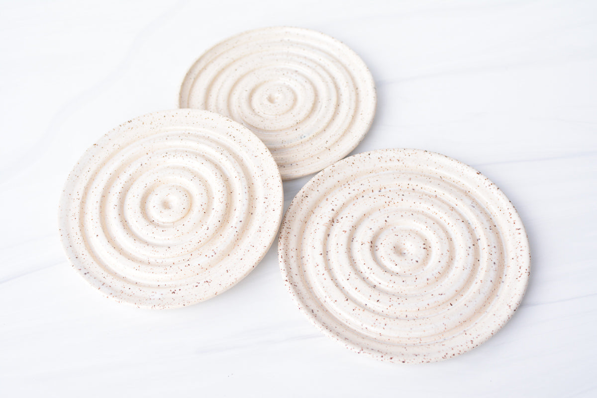 cream white round speckled ceramic soap dish set of 3