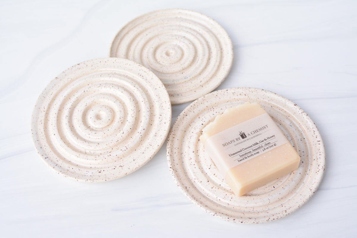 cream white round speckled ceramic soap dish set of 3 with soap comparison