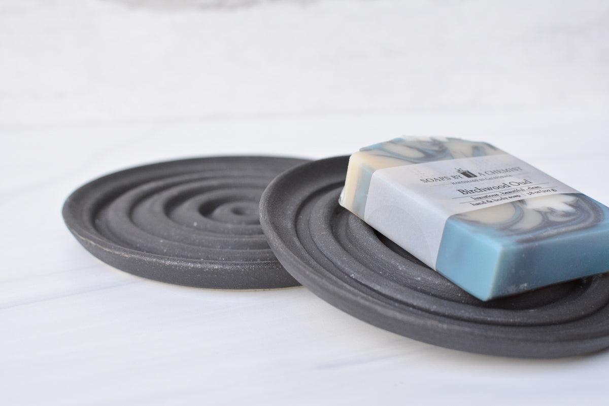 matte black ceramic round soap dish earthen hands ceramics side view