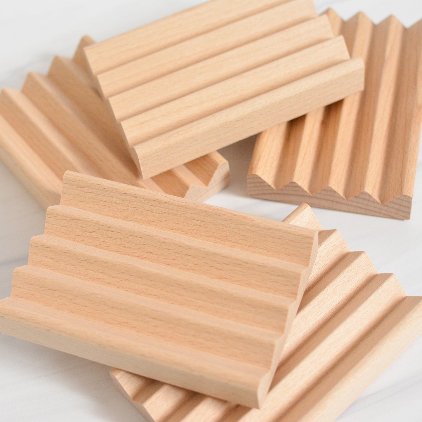 stack of beech wooden soap dish for bathroom, shower, or kitchen