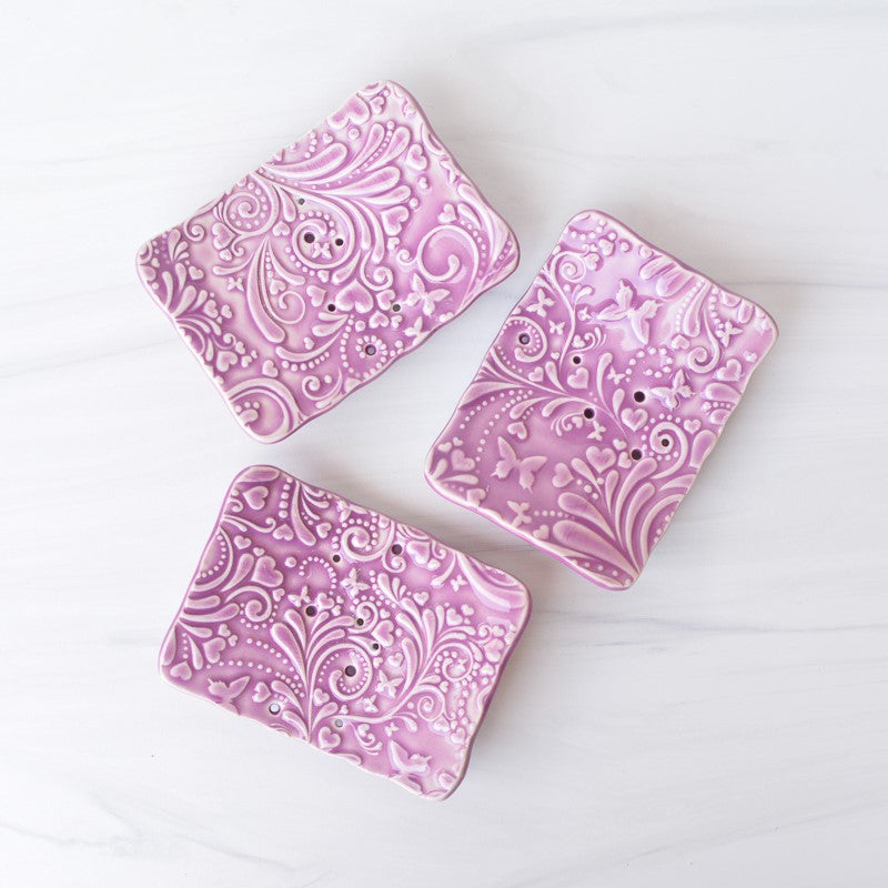handmade purple ceramic soap dish set of 3