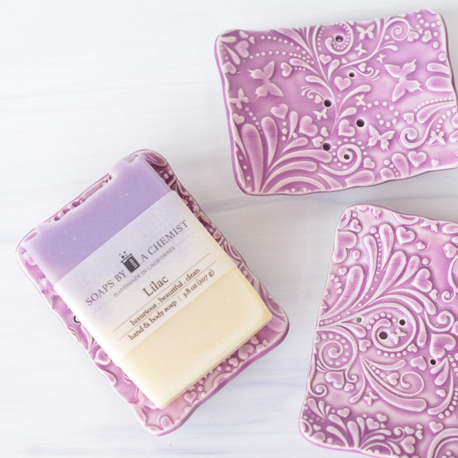 handmade purple ceramic soap dish with lilac soap