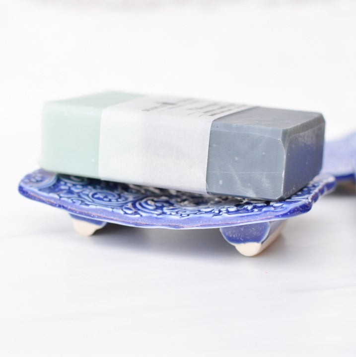 blue ceramic soap dishes made by bleu dog beads, side view with soap