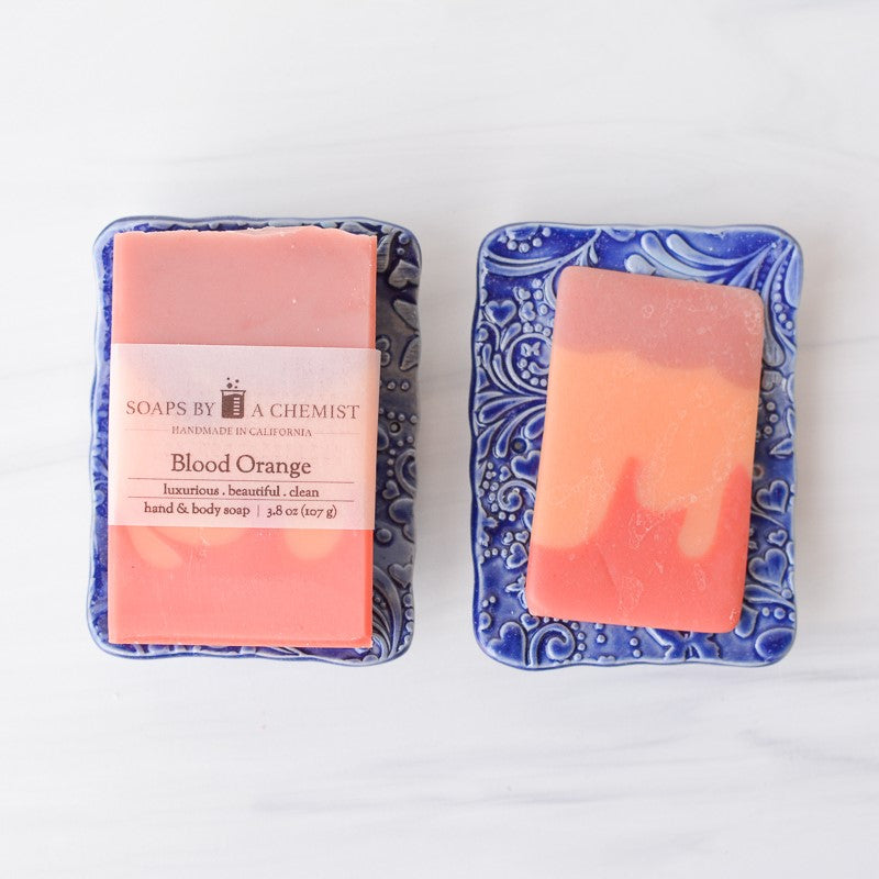 blue ceramic soap dishes made by bleu dog beads with blood orange soap comparison