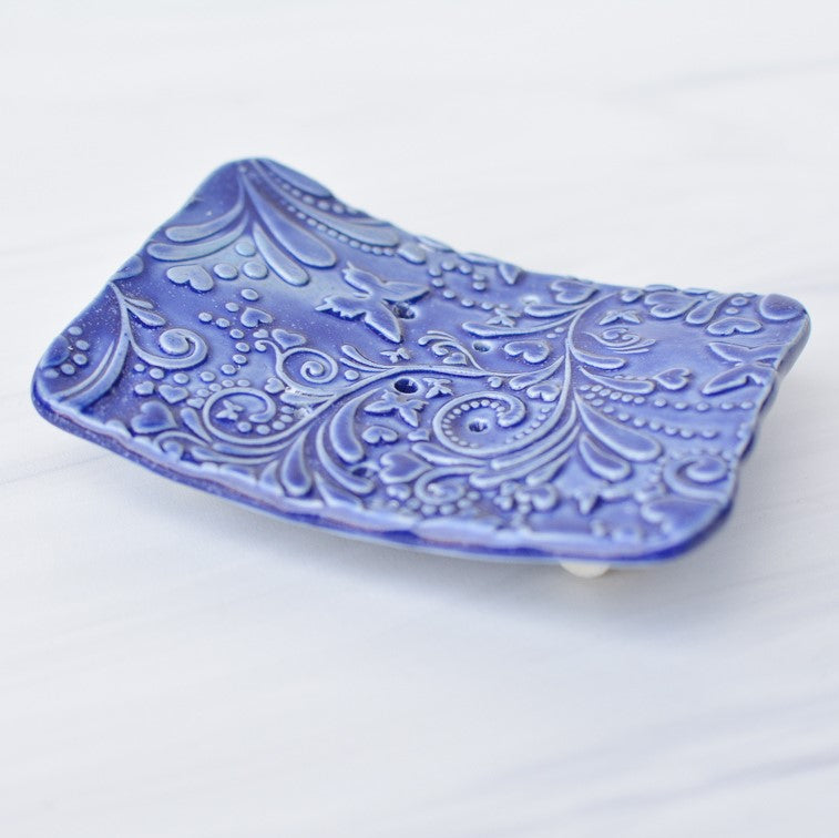 blue ceramic soap dishes made by bleu dog beads, side view
