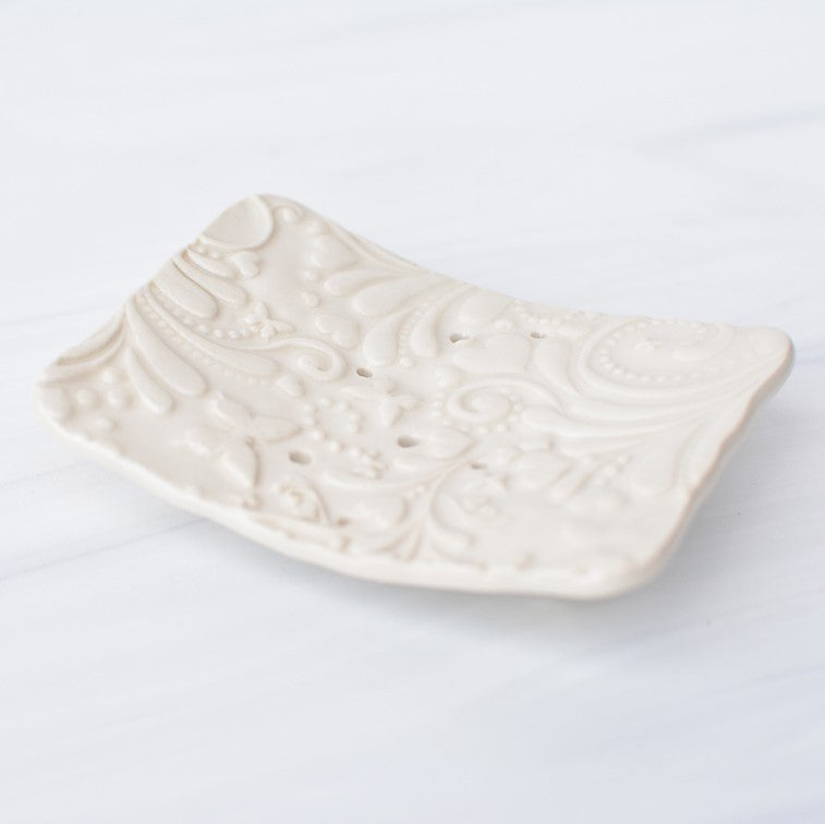 white ceramic soap dish made by bleu dog beads