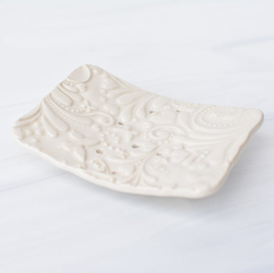 white ceramic soap dish made by bleu dog beads