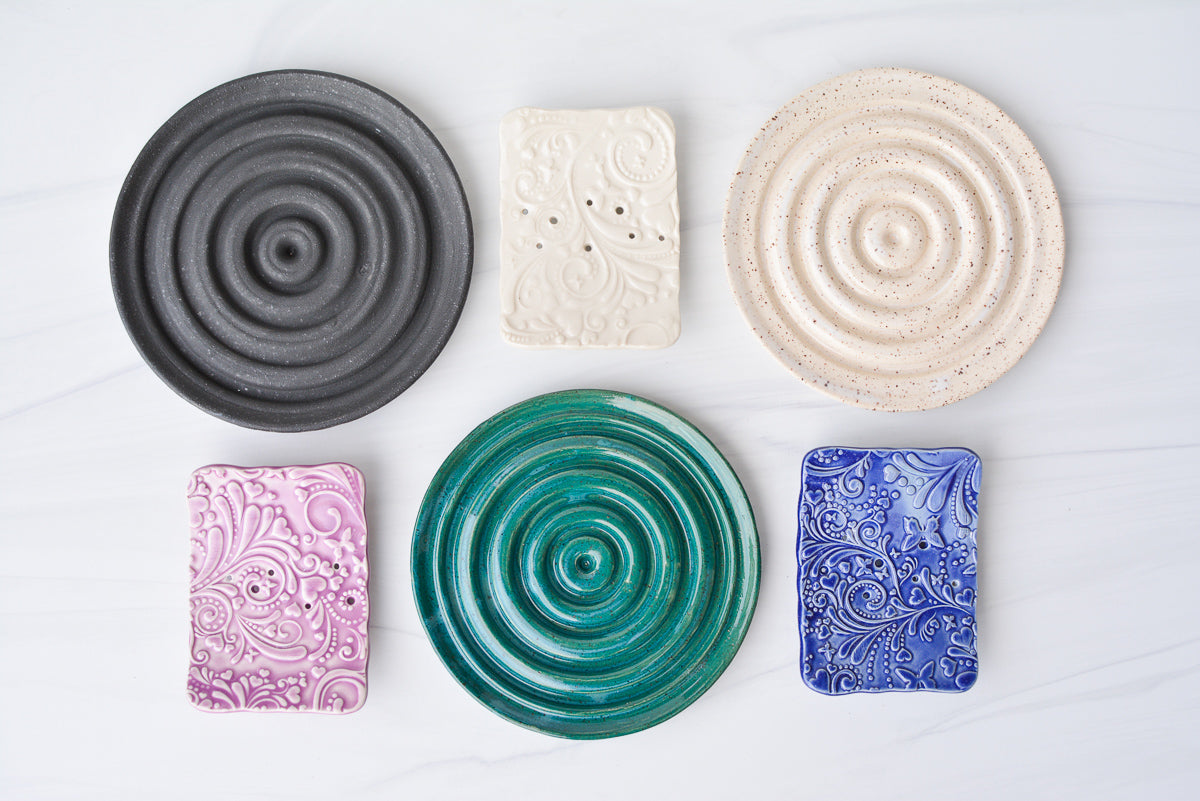 handmade ceramic soap dishes black, white, purple, green, teal, blue