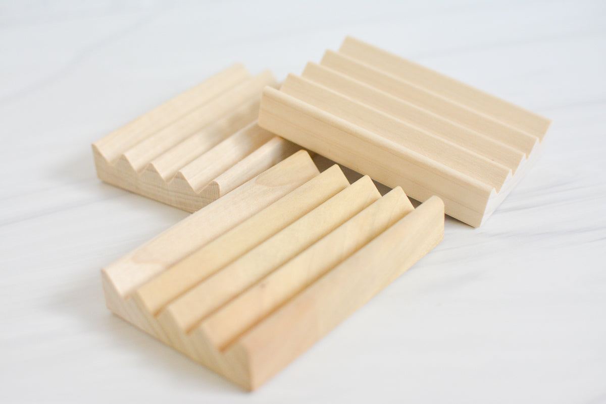 stack of poplar wooden soap dish for bathroom, shower, or kitchen